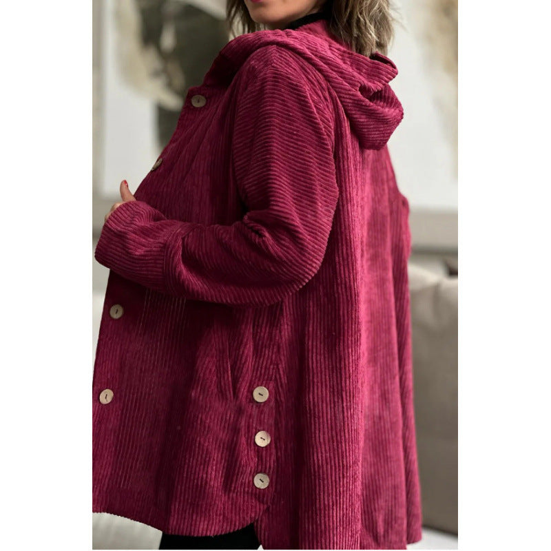 Women’s Hooded Jacket – Corduroy – Relaxed Fit – Mid-Length – Casual Style