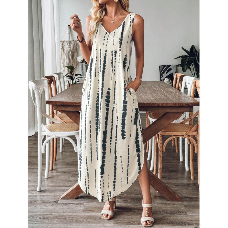 Women’s Maxi Dress – Relaxed Fit – Sleeveless – V-Neck – Striped Cotton – Flowy Silhouette