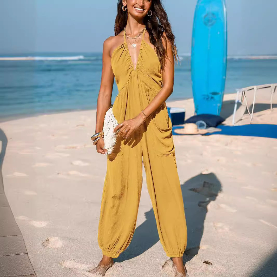 Women’s Halter Jumpsuit – Lightweight Fabric – Deep V-Neck – Tapered Leg – Pockets