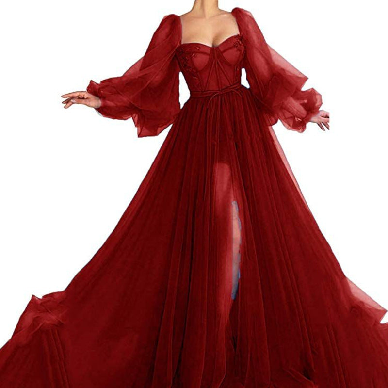 Women’s Evening Dress – Sheer Tulle – Sweetheart Neckline – Voluminous Sleeves – Side Slit