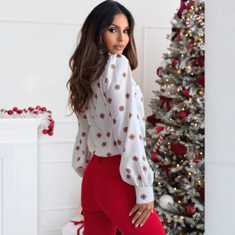 Women’s Long Sleeve Shirt – Tailored Fit – Bow Tie Collar – Printed Design – Button Cuffs