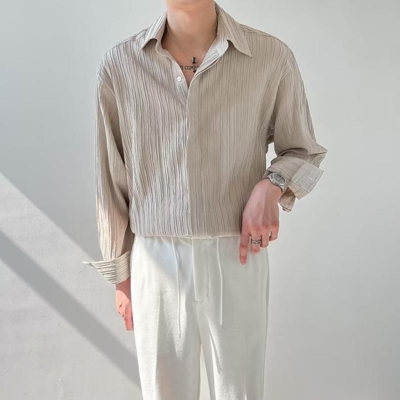 Men's Long Sleeve Shirt – Relaxed Fit – Textured Crinkle Fabric – Button Down Collar