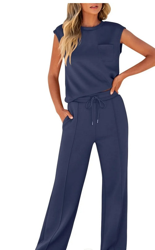 Women’s Two-Piece Set – Sleeveless Top – Drawstring Waist – Relaxed Fit Cotton Blend