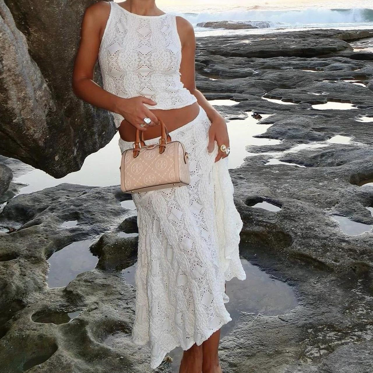 Women’s Two-Piece Set – Textured Crochet Look – Sleeveless Crop Top – A-Line Midi Skirt