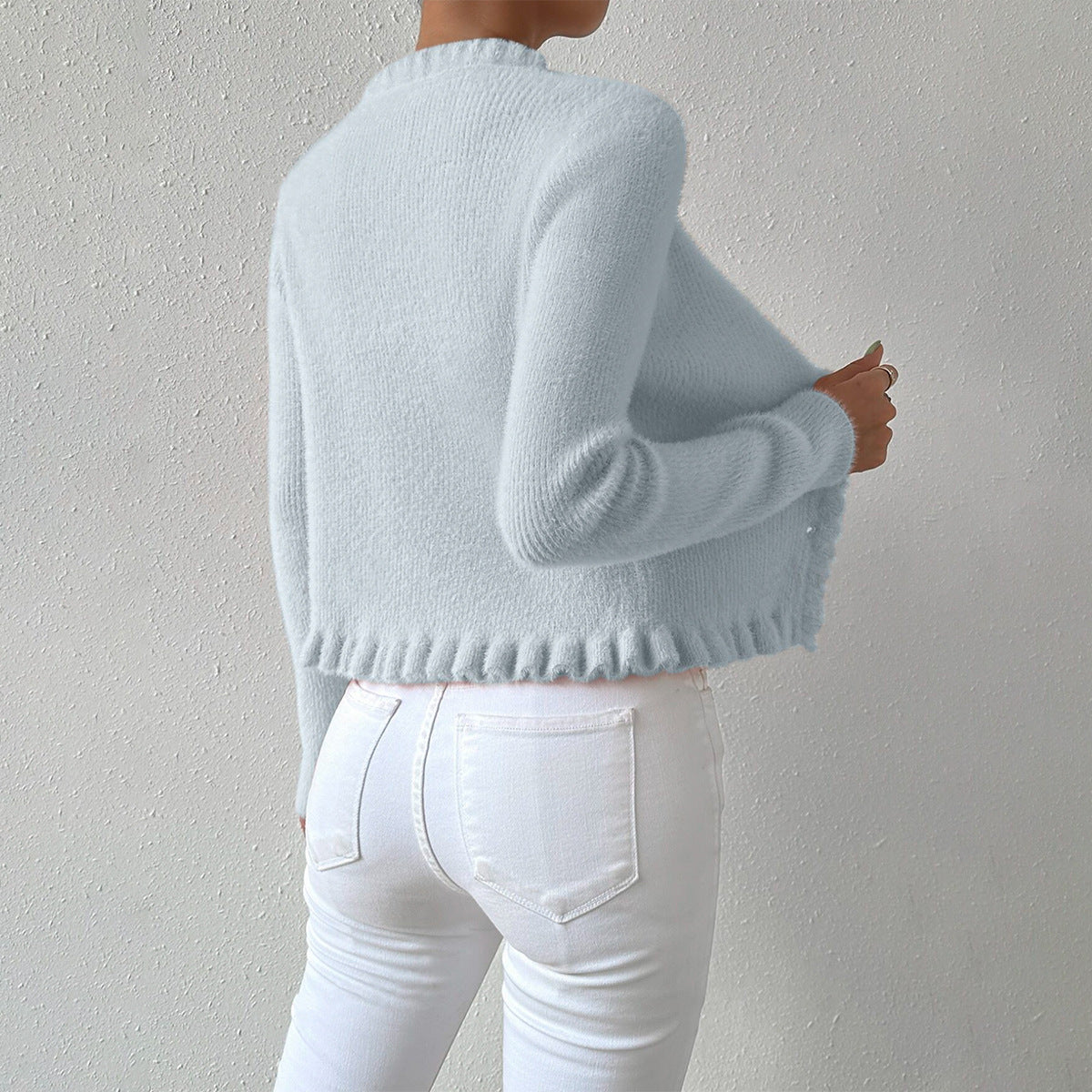 Women’s V-Neck Cardigan – Slim Fit Knit – Pearl Buttons – Ruffle Trim – Waist Length
