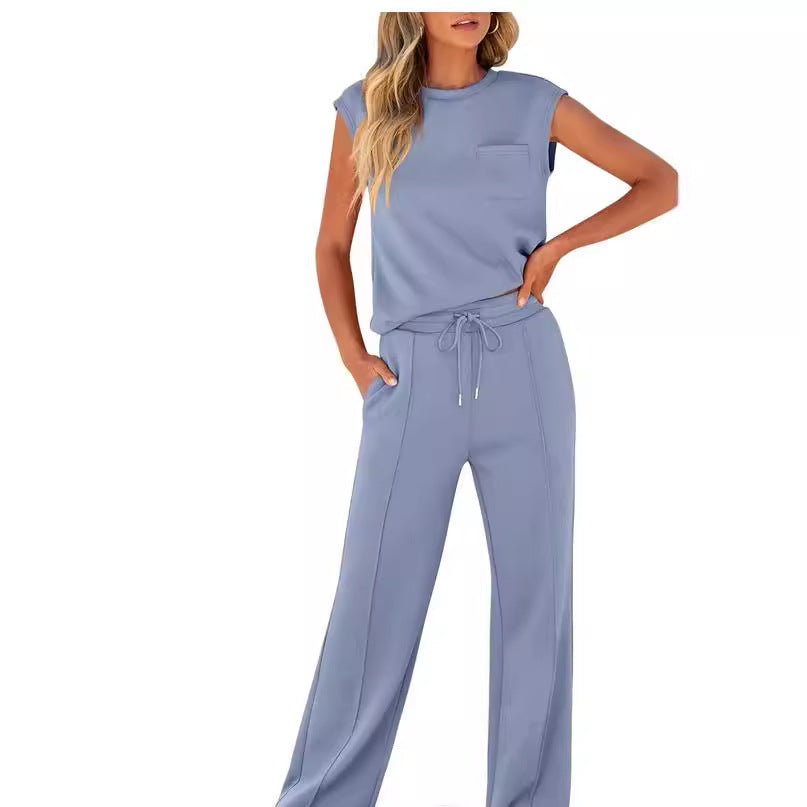 Women’s Two-Piece Set – Sleeveless Top – Drawstring Waist – Relaxed Fit Cotton Blend