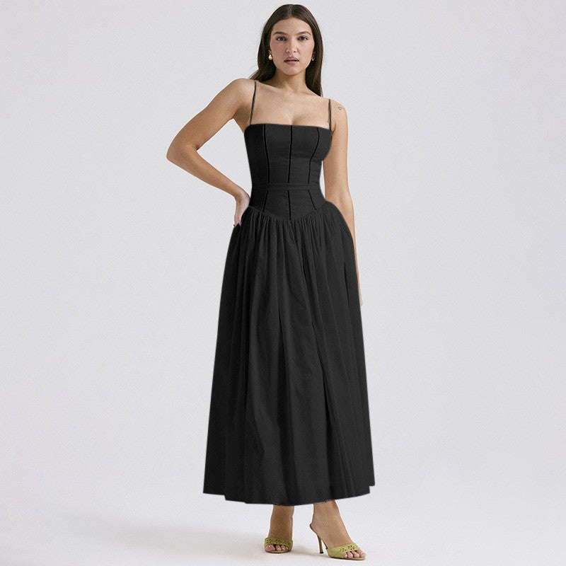 Women’s Midi Dress – Slim Fit – Square Neck – Spaghetti Straps – Flared Skirt