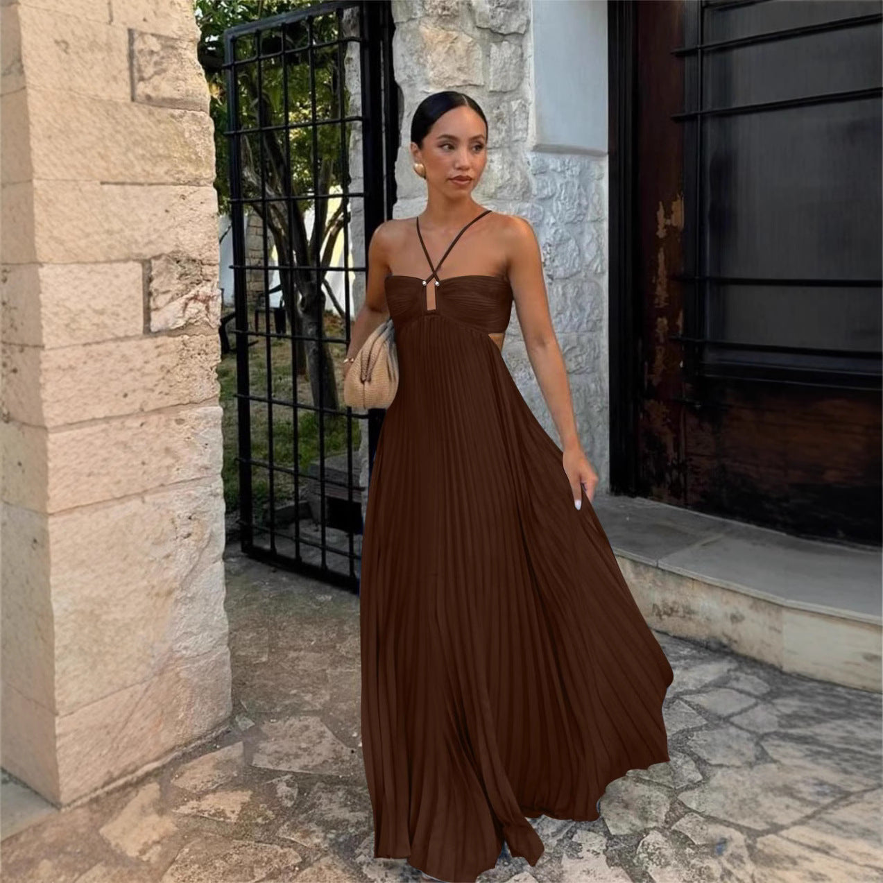 Women’s Strapless Maxi Dress – Crisscross Bodice – Pleated A-Line – Side Cut-Outs