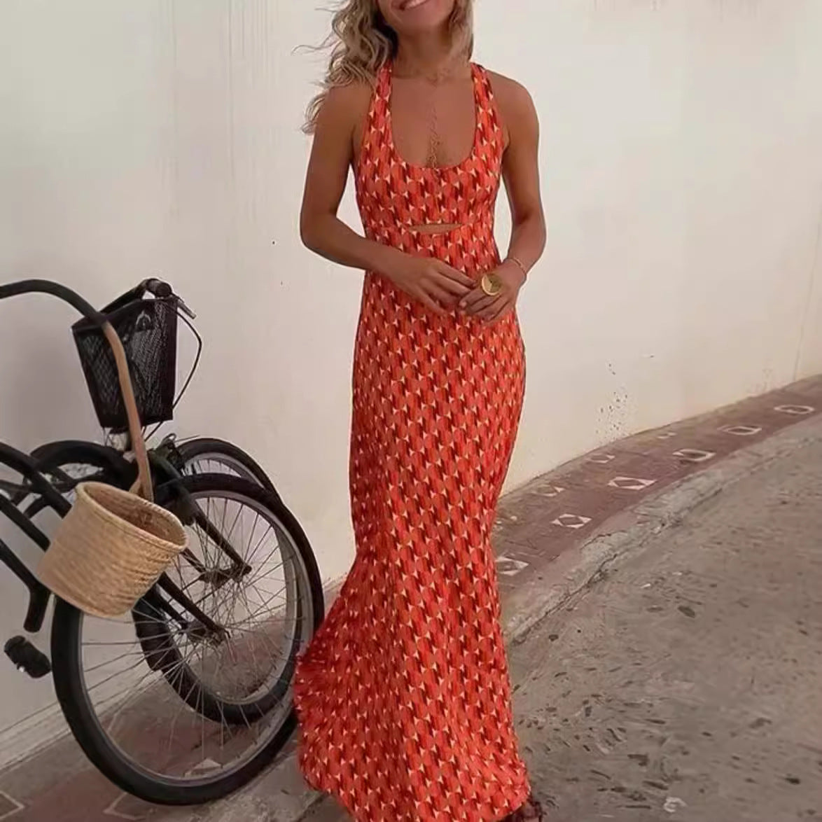 Women’s Long Dress – Slim Fit Halter Neck – Cut-Out Detail – Geometric Print – Breathable Fabric