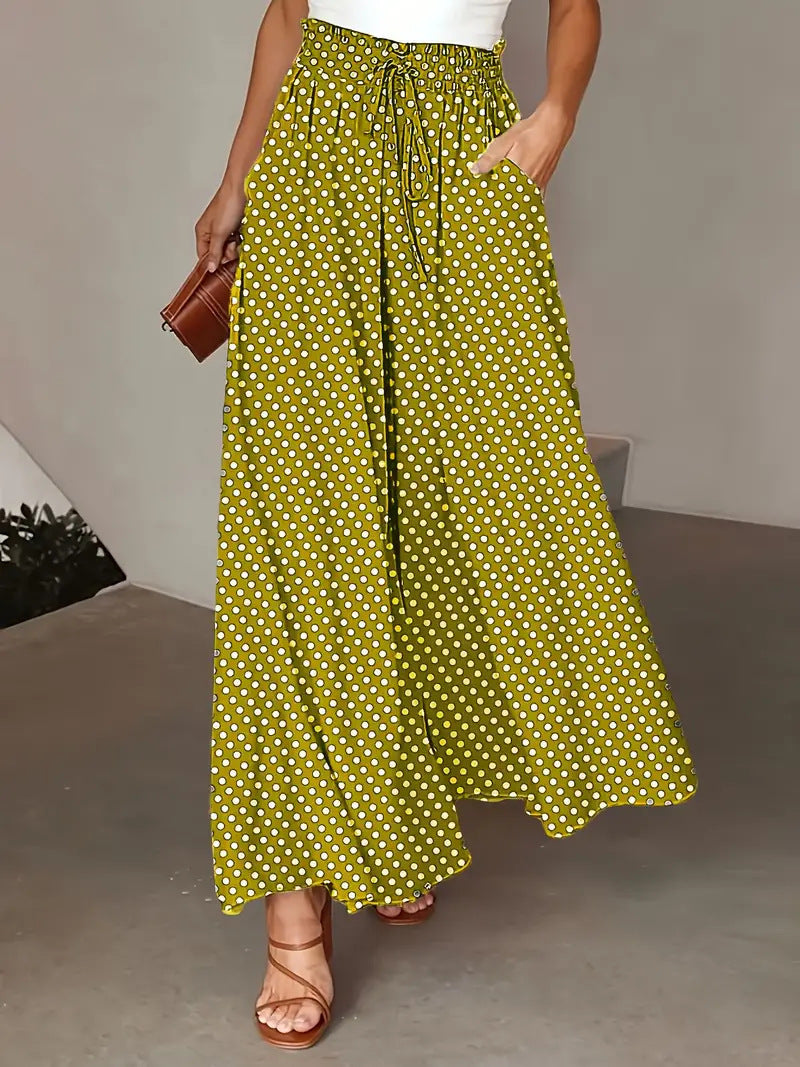 Women’s Wide-Leg Trousers – Flowy Fit – Polka Dot – Drawstring Waist – Breathable Fabric