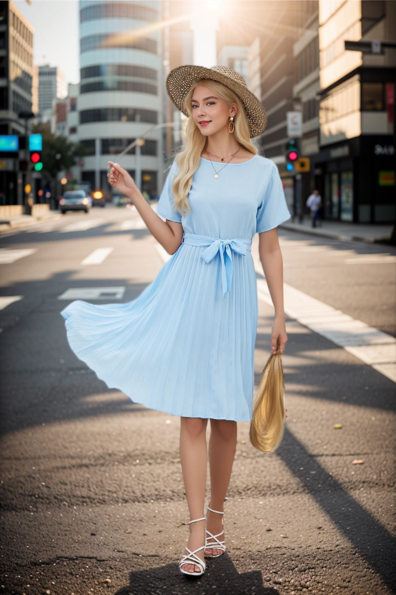 Women's Midi Dress - Short Sleeve - Tie Waist - Pleated Skirt