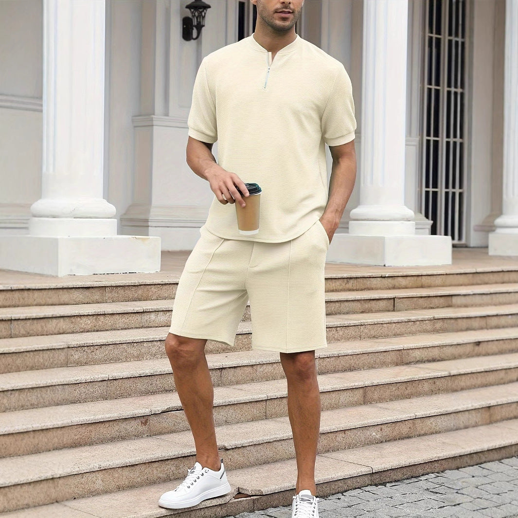 Men’s Zip-Up Top and Shorts Set – Waffle Knit – Relaxed Fit – Breathable Casual Wear