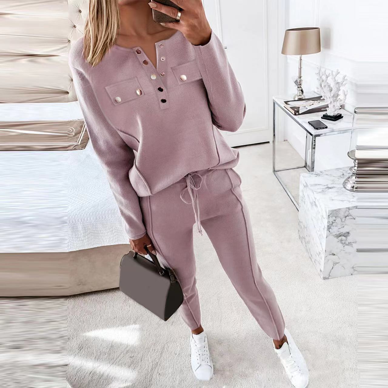 Women's Lounge Set - Henley Long Sleeve Top & Elastic Waist Trousers - Soft Knit Casual Wear