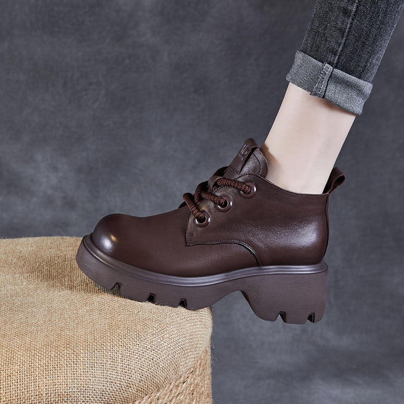 Women’s Ankle Boots – Genuine Leather – High-Top – Chunky Sole – Lace-Up Closure