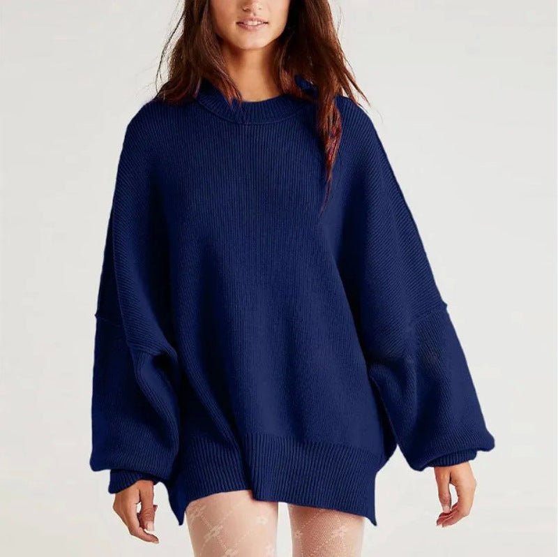 Women’s Pullover Knit Sweater – Oversized Fit – Crew Neck – Long Sleeve – Side Slits