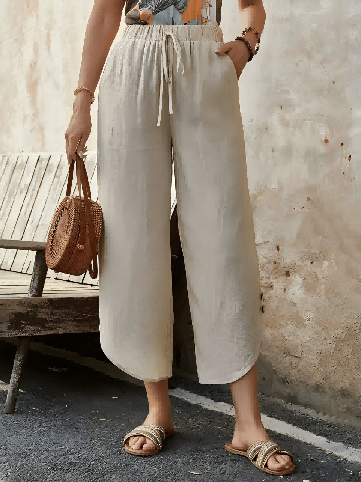 Women’s Cropped Trousers – Cotton Linen Blend – High Waist – Wide Leg – Drawstring Waist