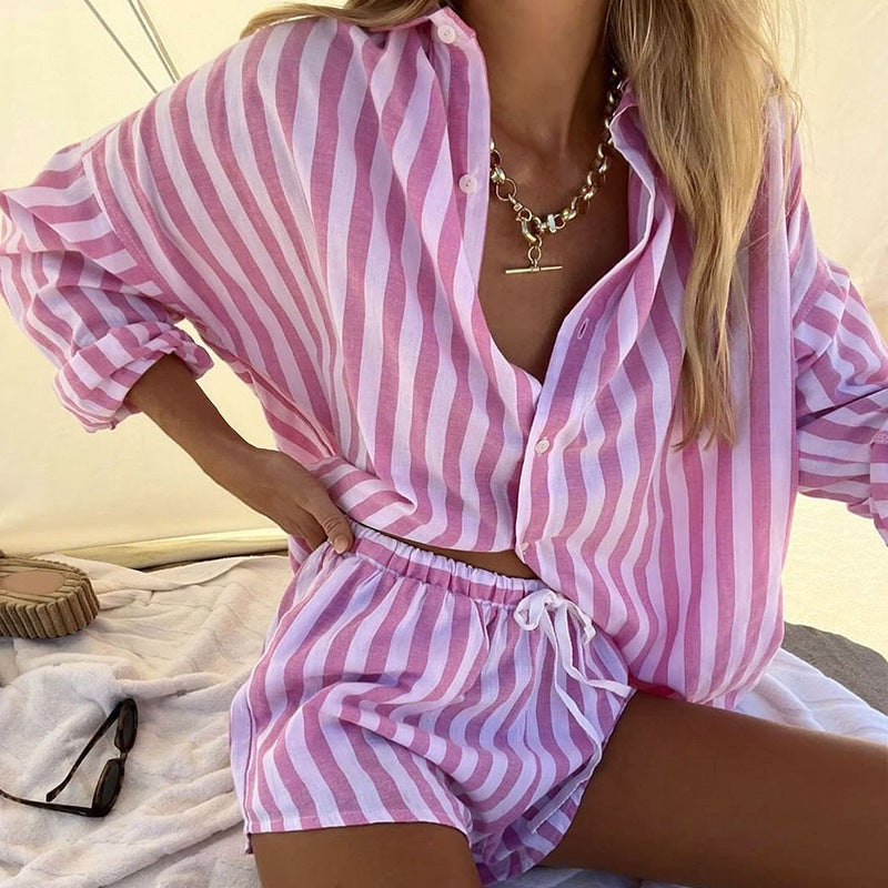 Women’s Two-Piece Set – Lightweight Button-Up Top & Relaxed Fit Shorts – Casual Wear