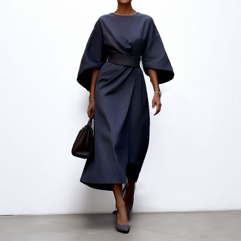 Women’s Long Dress – Satin Feel – Batwing Sleeve – Fitted Waist – Draped Silhouette