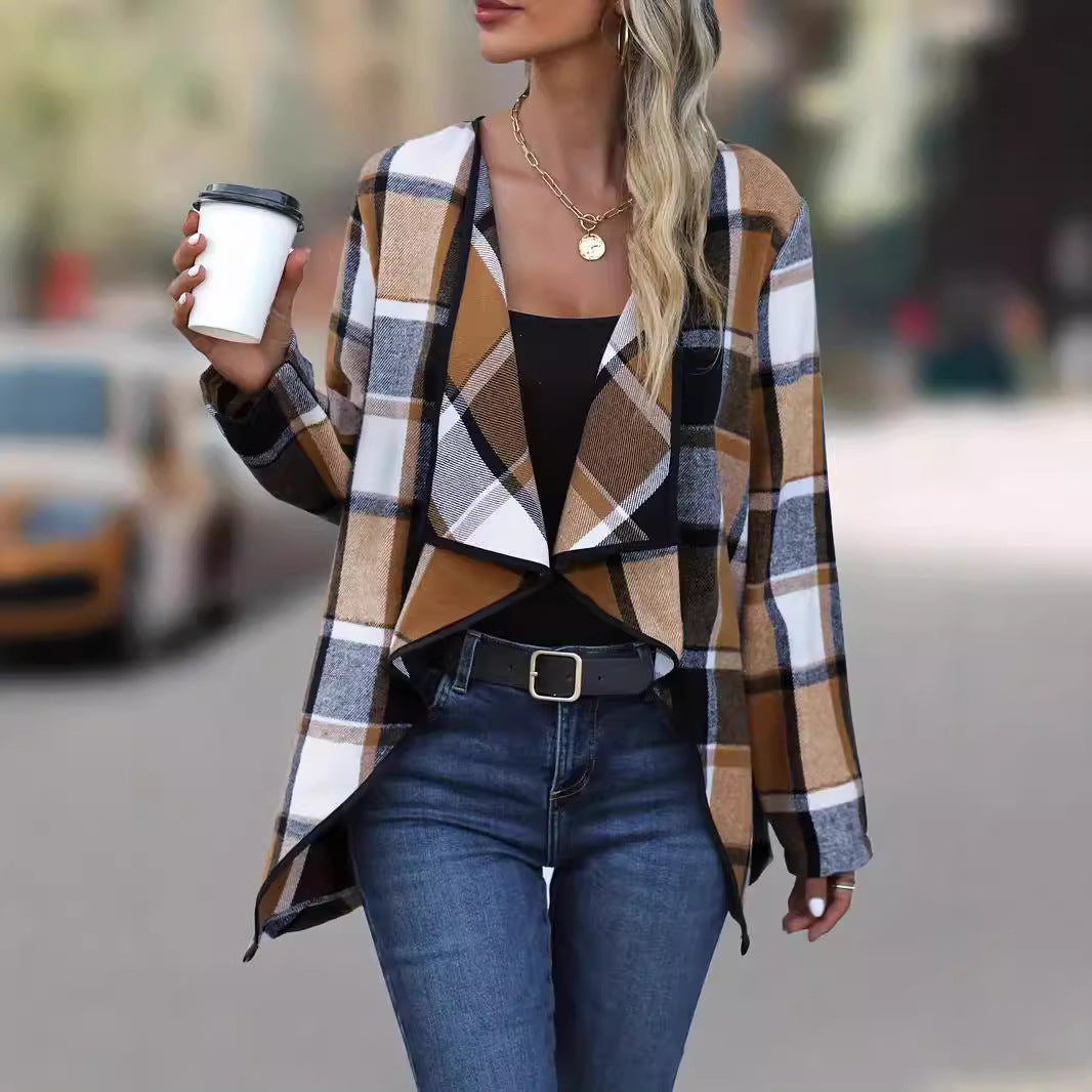 Women’s Open-Front Coat – Relaxed Fit – Soft Feel – Draped Plaid Pattern