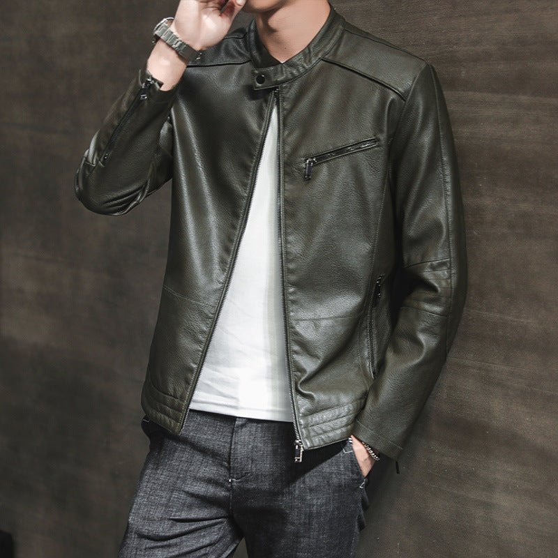 Men’s Biker Jacket – Slim Fit Leather – Stand Collar – Zippered Cuffs and Pockets