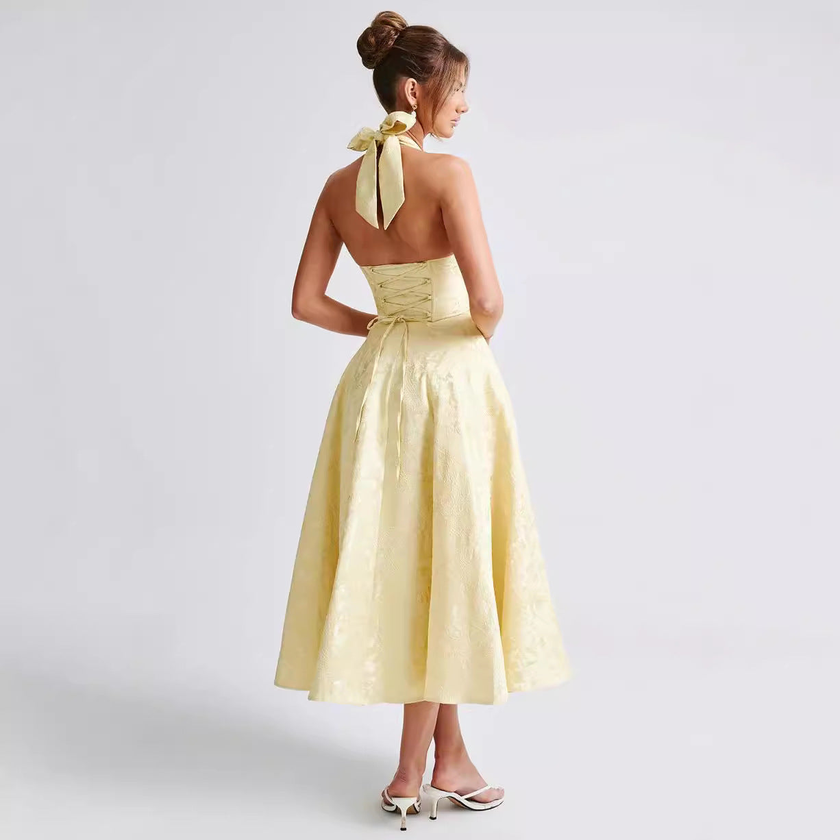 Women’s Maxi Dress – Jacquard Fabric – Halter Neck – V-Neck – Tie Waist – Flared Skirt