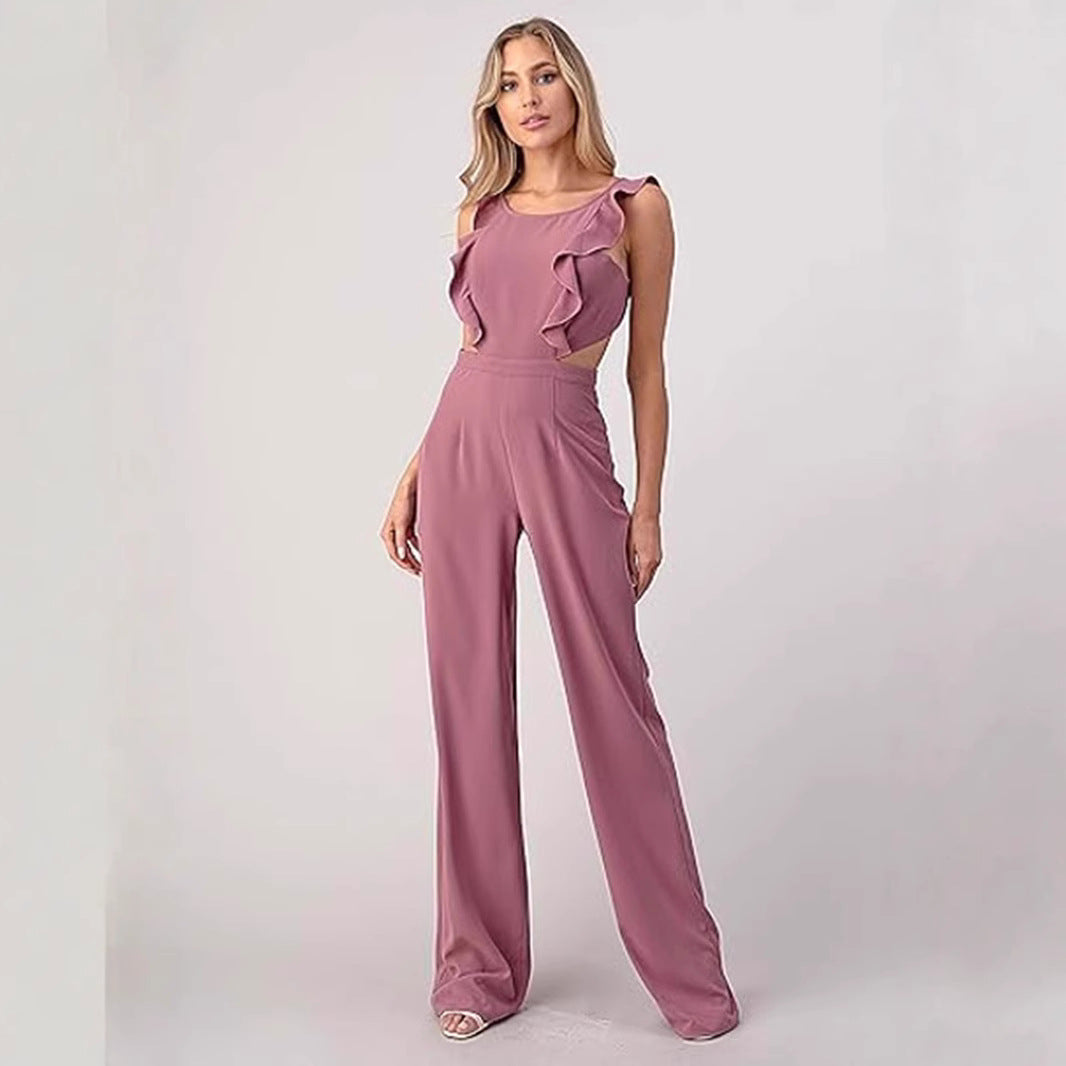 Women’s Jumpsuit – Sleeveless – High Waist – Wide Leg – Ruffle Trim – Cut-Out Detail