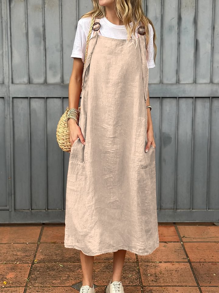 Women’s Midi Dress – Relaxed Fit – Adjustable Straps – Front Pockets