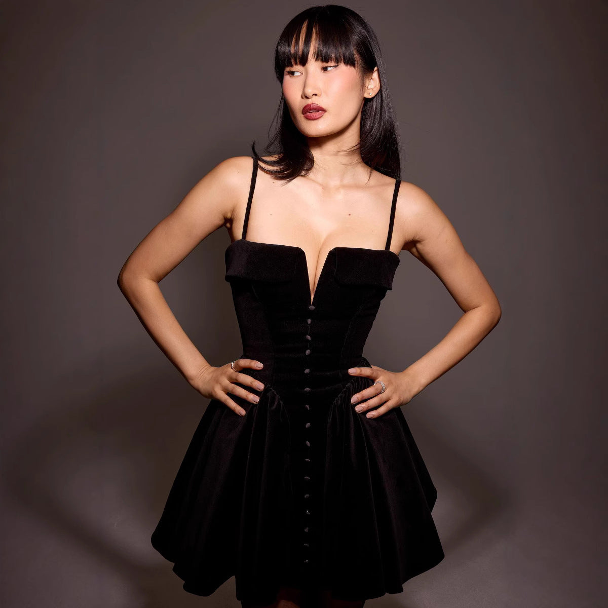 Women’s Mini Dress – Velvet – V-Neck – A-Line Fit – Thin Straps – Button Front