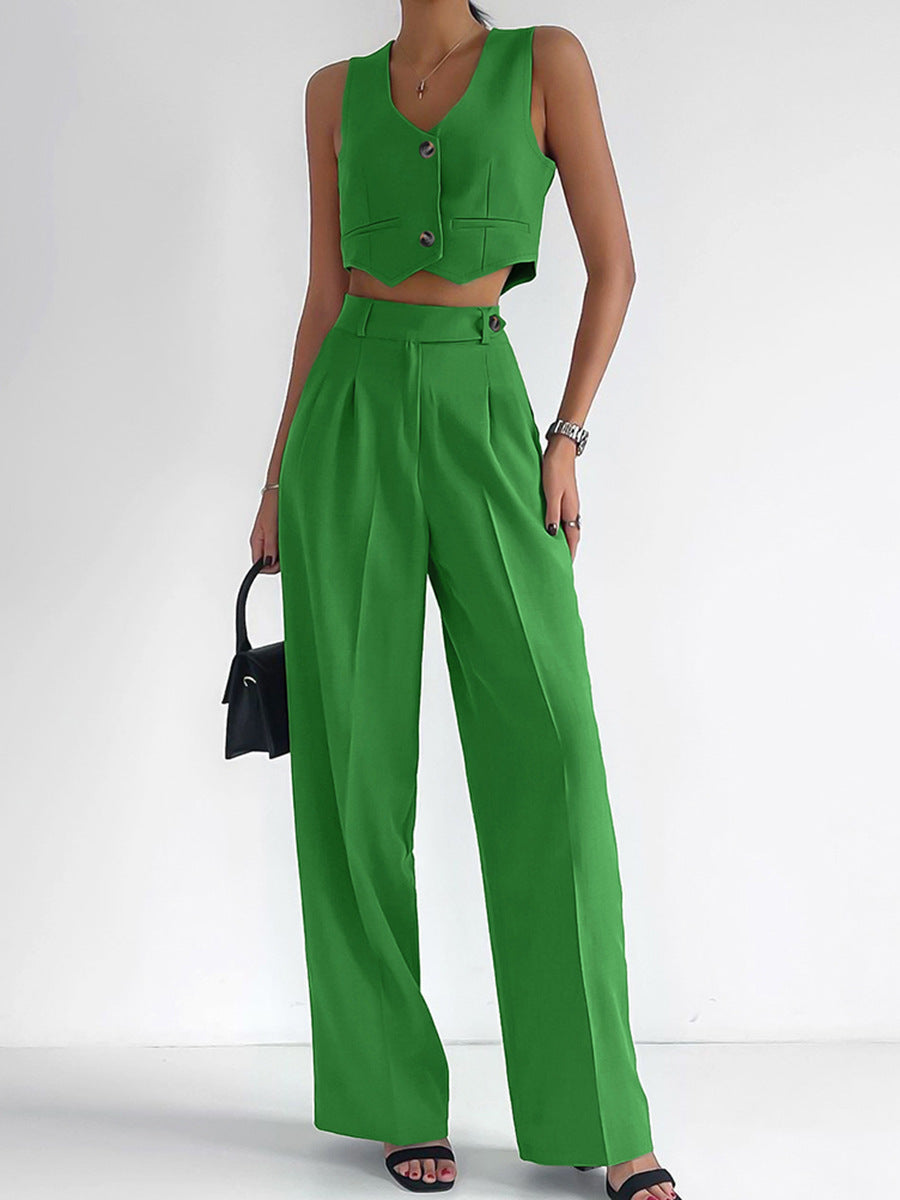 Women’s Vest Set – Tailored Cropped V-Neck Vest – High-Waist Wide-Leg Trousers
