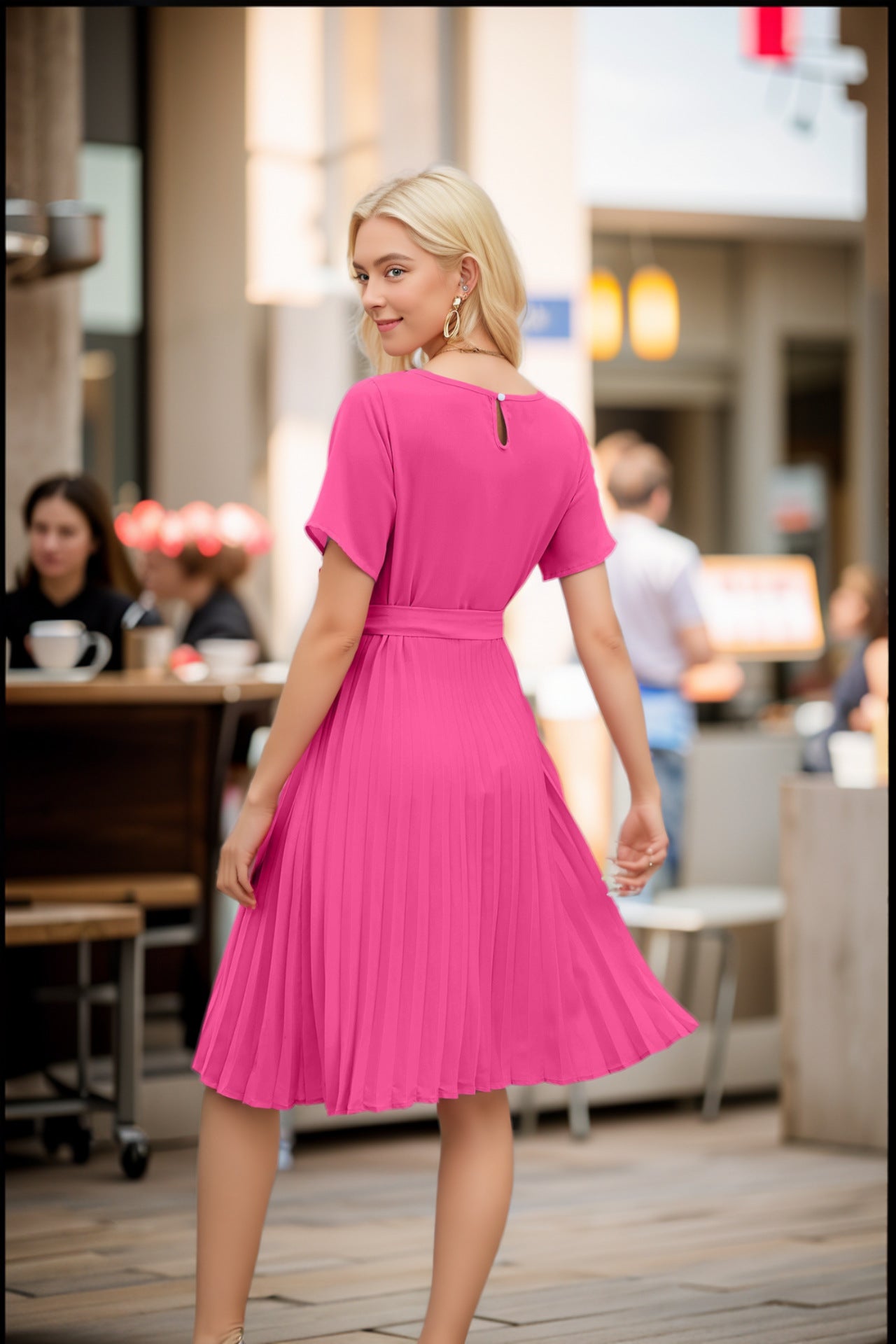 Women's Midi Dress - Short Sleeve - Tie Waist - Pleated Skirt