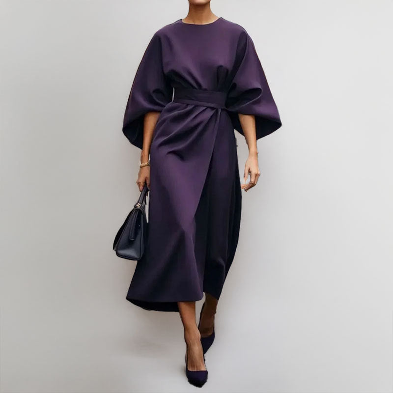 Women’s Long Dress – Satin Feel – Batwing Sleeve – Fitted Waist – Draped Silhouette