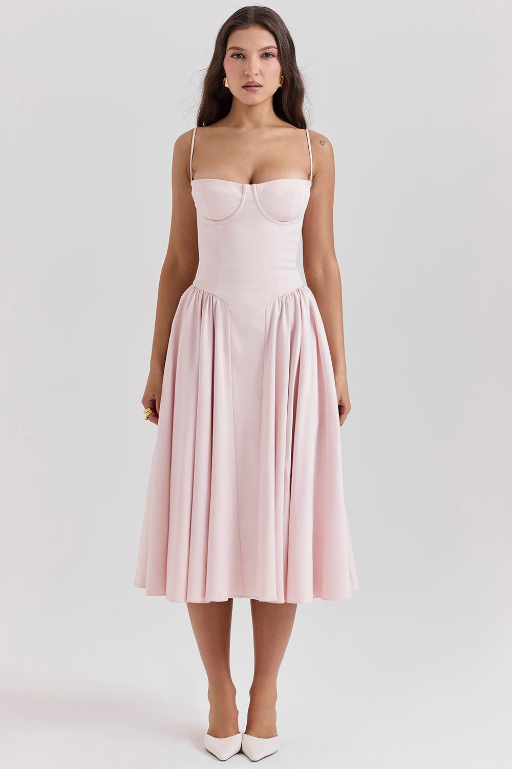 Women’s Midi Dress – Fitted Bodice – Spaghetti Straps – Pleated A-Line Skirt