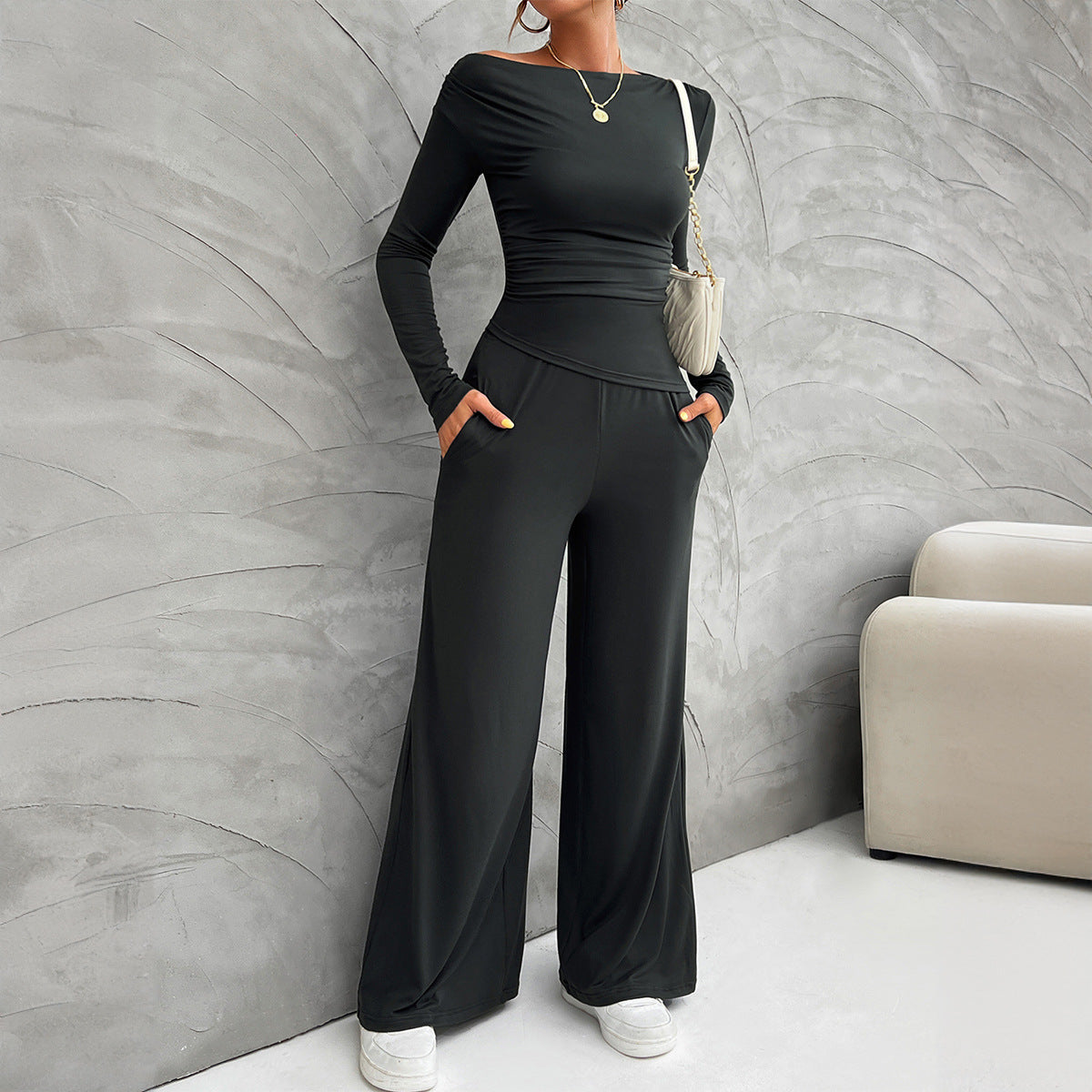 Women’s Matching Set – Slim Fit Long Sleeve Top – High Waist Wide Leg Trousers
