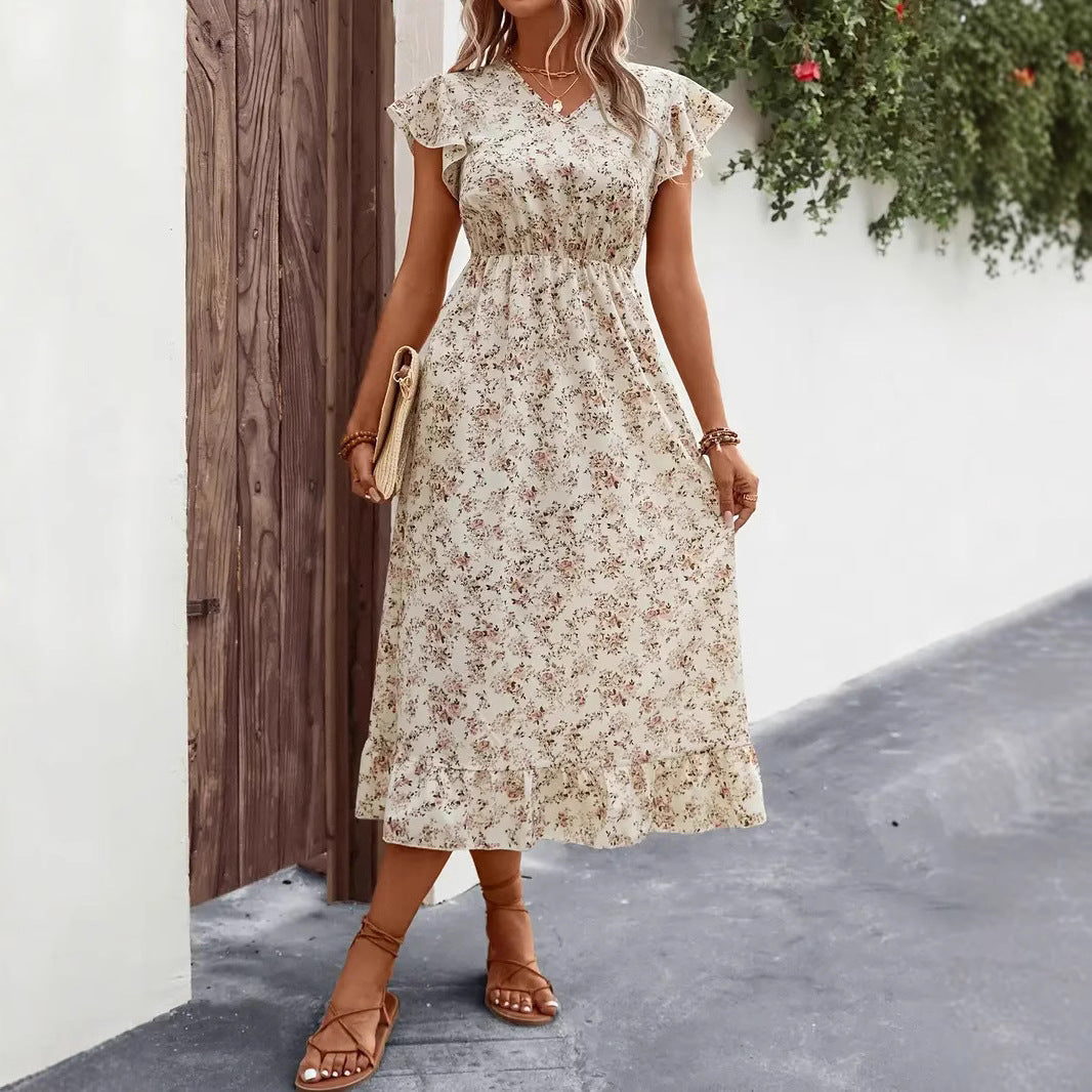 Women’s Midi Dress – Cotton Blend – V-Neck – Flutter Sleeve – Ruffled Hem – A-Line Fit