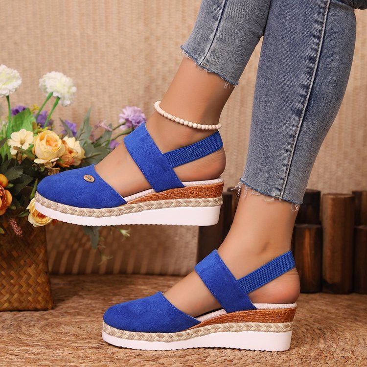 Women’s Wedge Sandals – Closed Toe – Suede-Like Upper – Jute Heel – Wide Straps