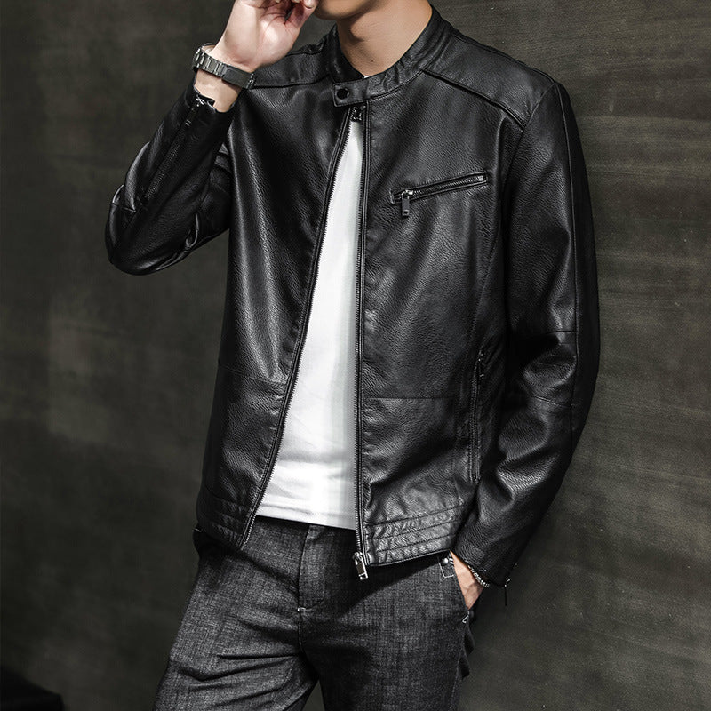 Men’s Biker Jacket – Slim Fit Leather – Stand Collar – Zippered Cuffs and Pockets
