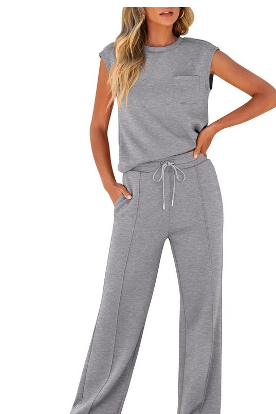 Women’s Two-Piece Set – Sleeveless Top – Drawstring Waist – Relaxed Fit Cotton Blend