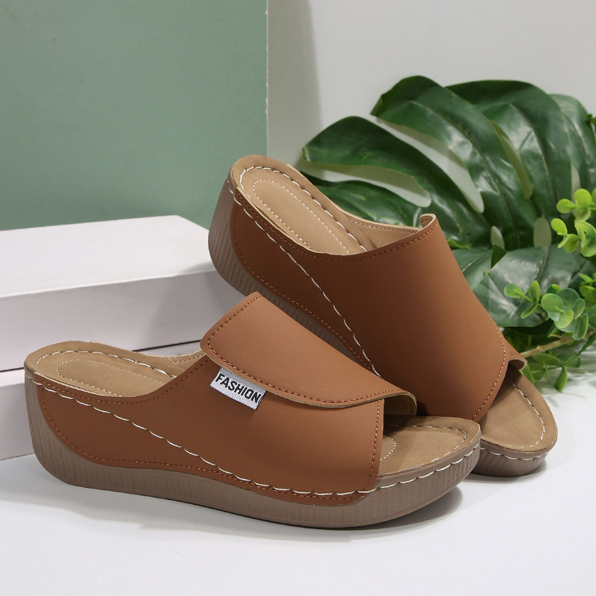 Women’s Wedge Mule Sandals – Slip-On Open Toe – Cushioned Sole – Minimalist Style