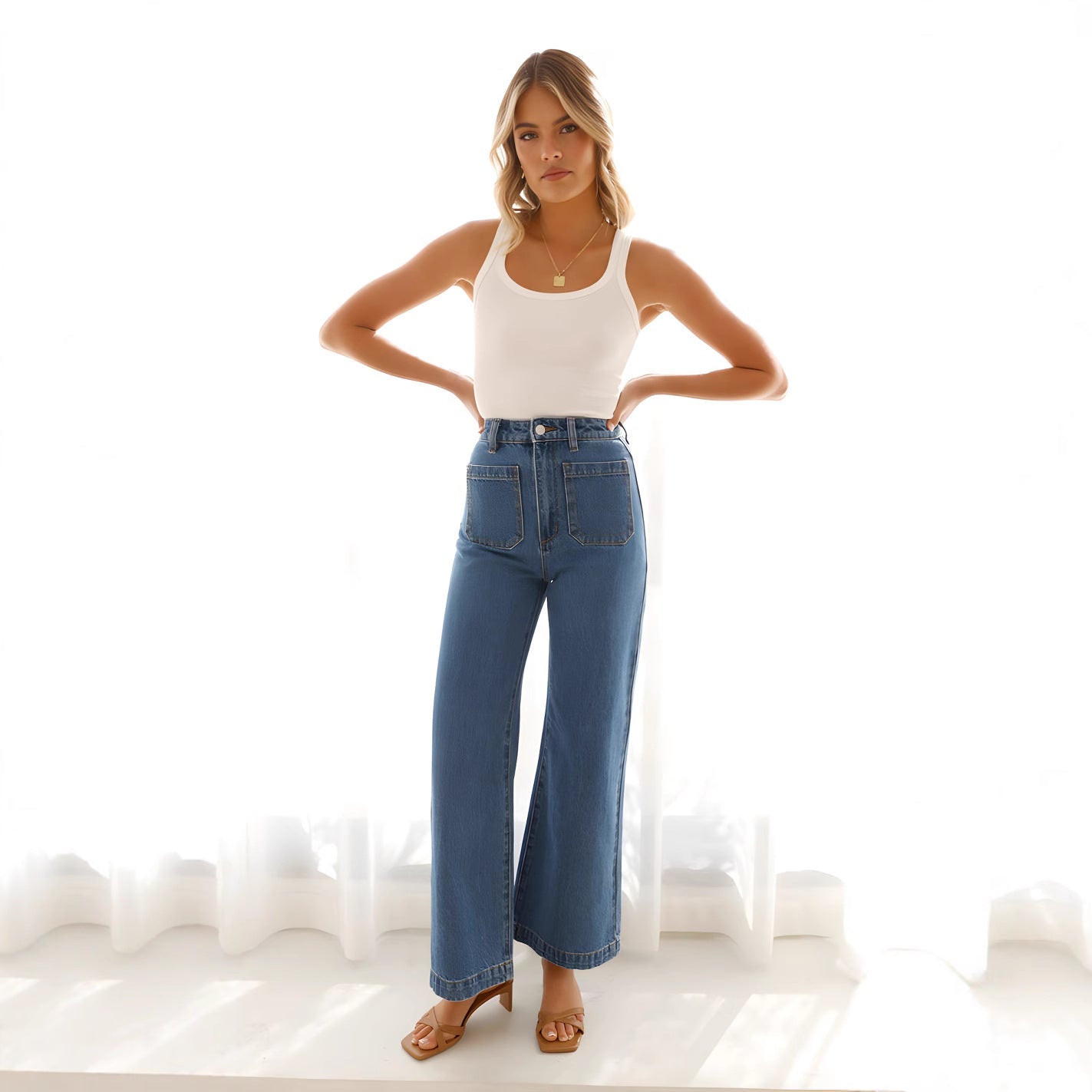Women’s Wide-Leg Jeans – High Waist – Full Length – Vintage Style Casual Denim