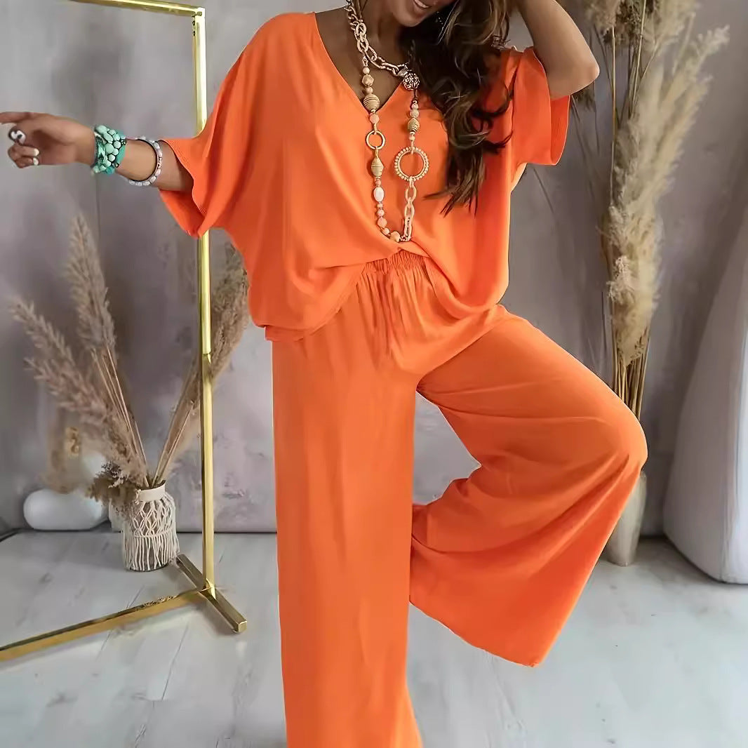 Women’s Two-Piece Set – Relaxed Fit – V-Neck Top – Wide-Leg Trousers – Breathable Blend