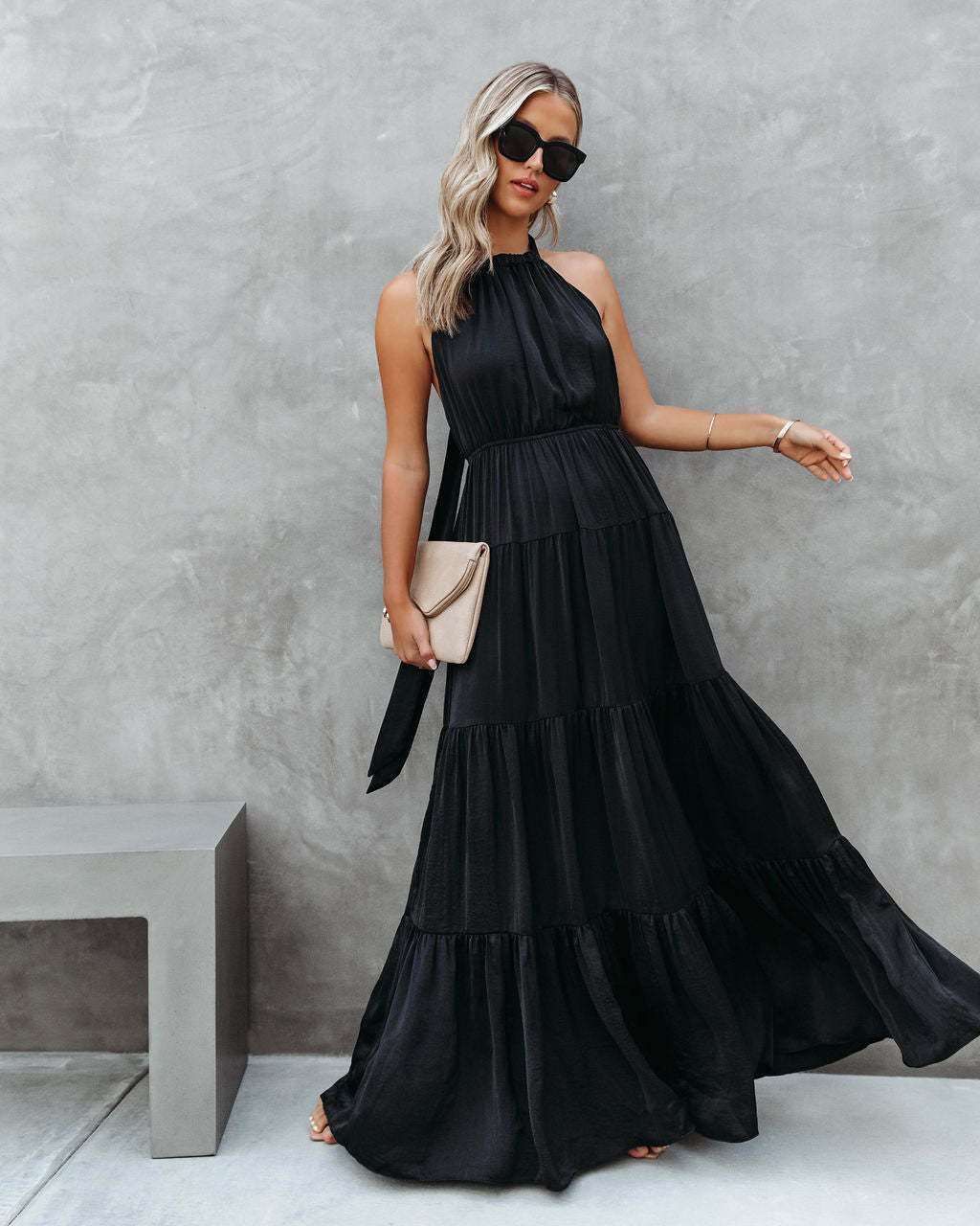 Women’s Halter Dress – Lightweight Cotton Blend – Tiered Skirt – Cinched Waist Fit