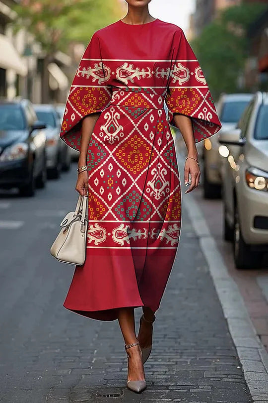 Women’s Midi Dress – A-Line Fit – Kimono Sleeves – Floral Print