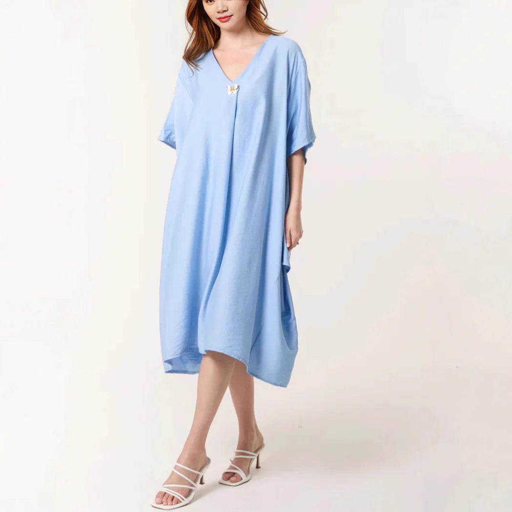 Women’s Tunic Dress – Relaxed Fit – V-Neck – Elbow Sleeve – Midi Length – Breathable Blend
