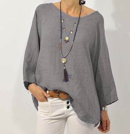 Women’s Cotton Linen Top – Relaxed Fit – 3/4 Raglan Sleeve – Asymmetrical Hem