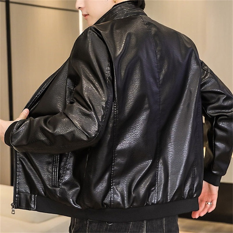 Men’s Leather Jacket – Slim Fit – Stand Collar – Zip-Up – Ribbed Hem and Cuffs