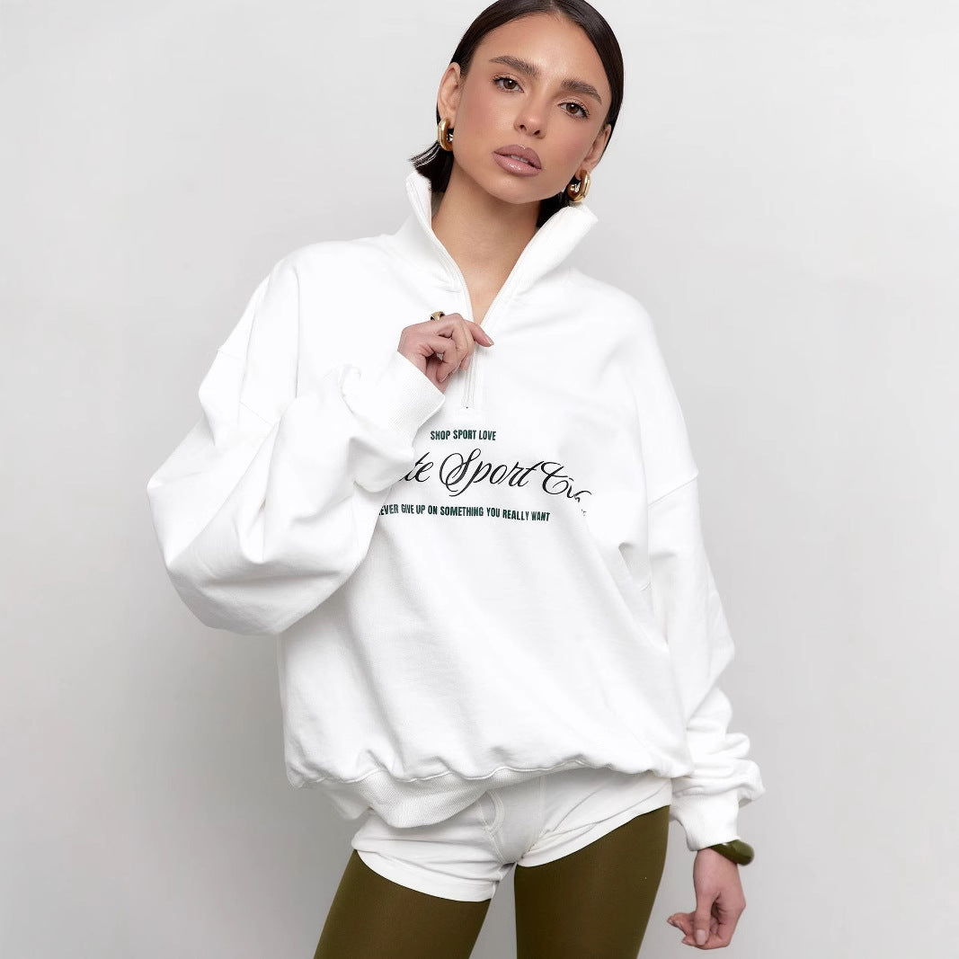 Women’s Sweatshirt – Oversized Fit – Cotton Blend – Half Zip – Letter Print – Long Sleeve