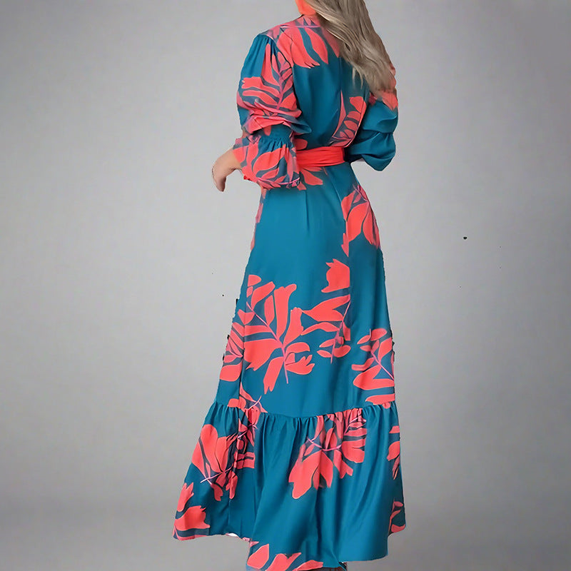 Women’s Maxi Dress – Puff Sleeve – V-Neck – Belted Waist – Bold Print – Button Detail