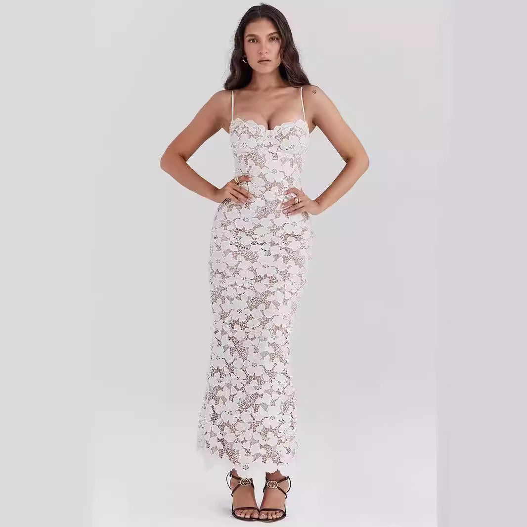 Women’s Slip Dress – Lace Fabric – Slim Fit – Sweetheart Neckline – Full Length Formal Wear
