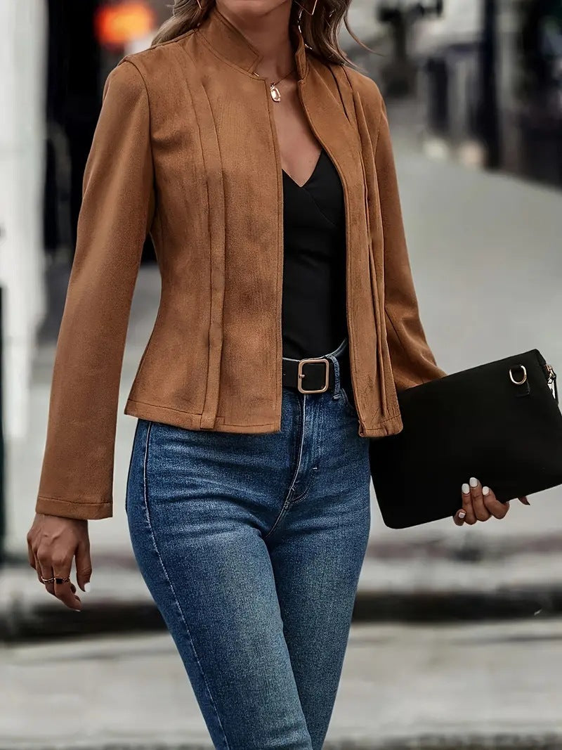 Women’s Short Jacket – Slim Fit – Wool Blend – Stand Collar – Open Front