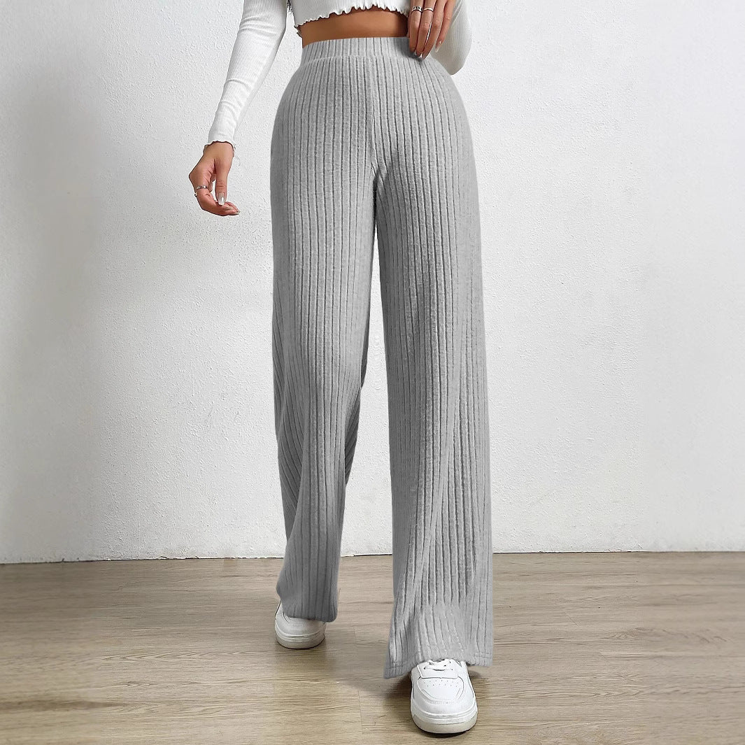 Women’s Wide-Leg Trousers – Ribbed Knit – High Waist – Full Length – Relaxed Fit